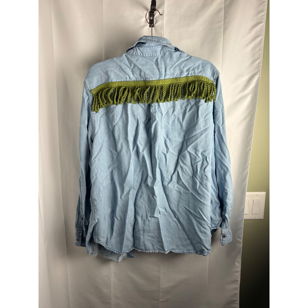 Chaps Womens 2X Denim Shirt Blue Light Wash‎ Fringe Back Faith Cross Embroidered